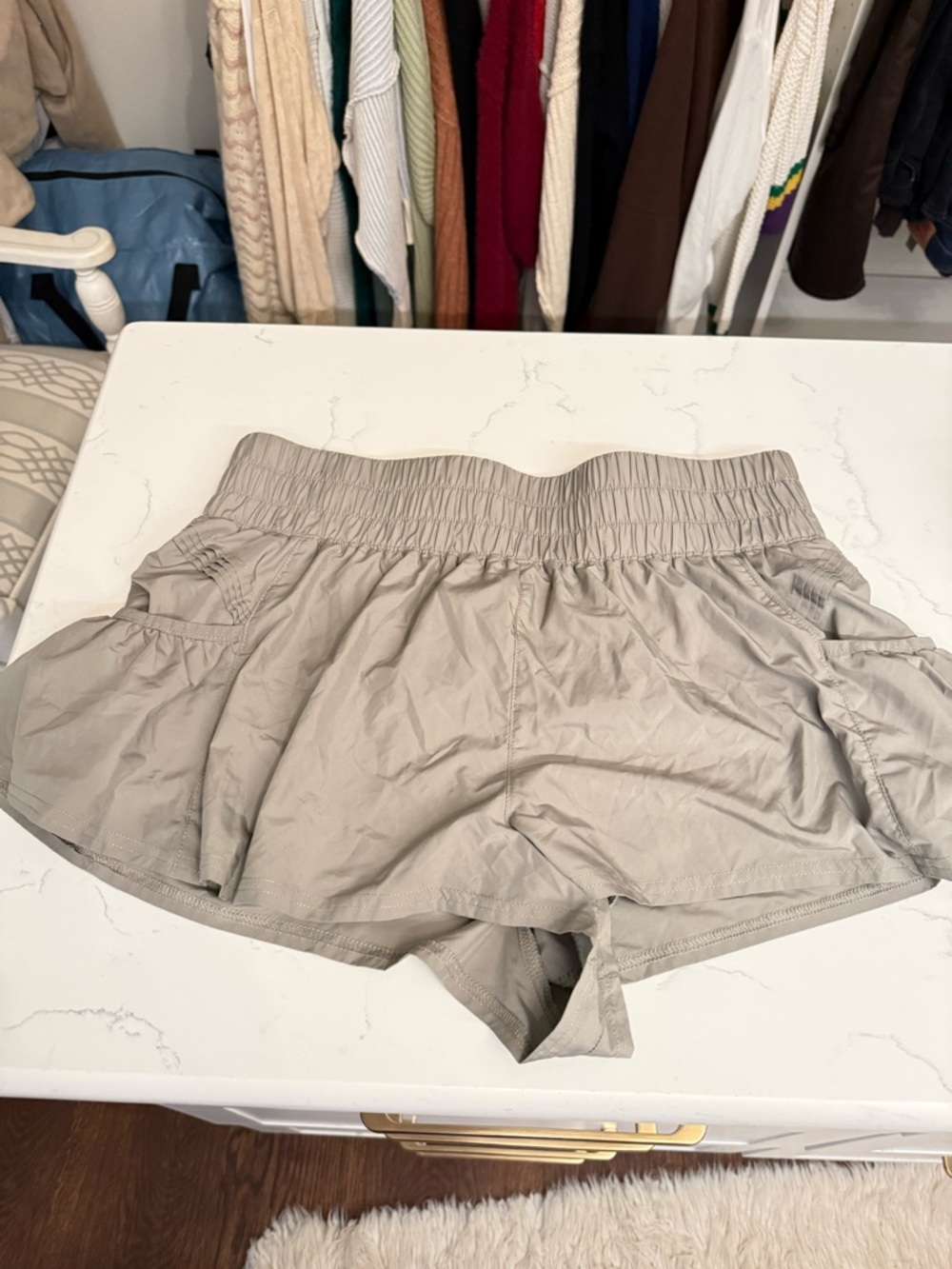 Free People Lightweight Elastic-Waist Athletic Shorts in Light Taupe
